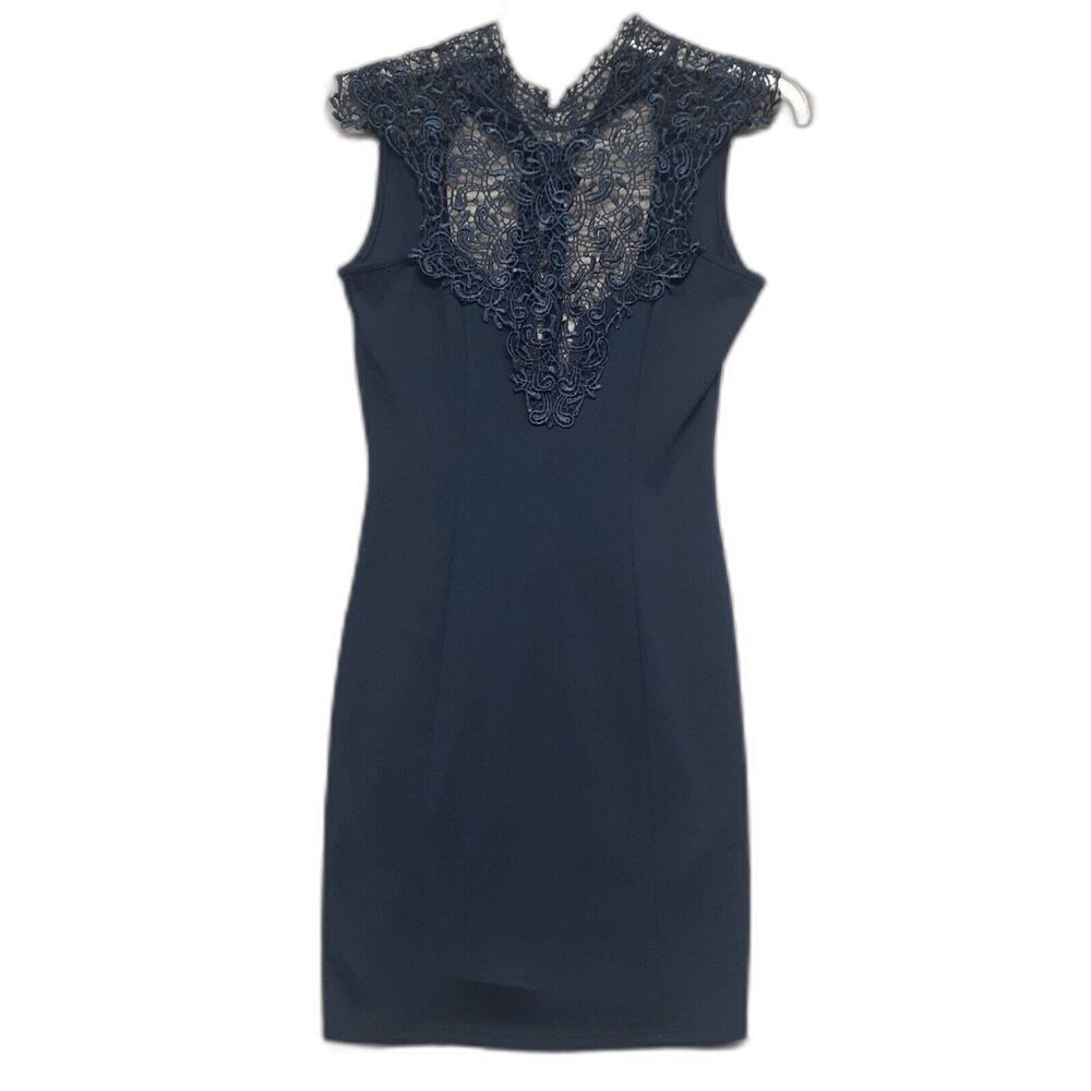 Lulu's Womens Sz S Bodycon Lace Top Open Back Navy Blue Elegant Dress Coquette
